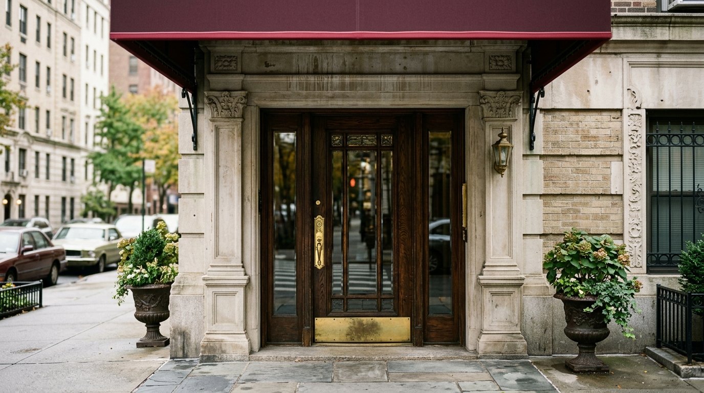 Prewar apartment building entry door with brass lock hardware on the Upper East Side