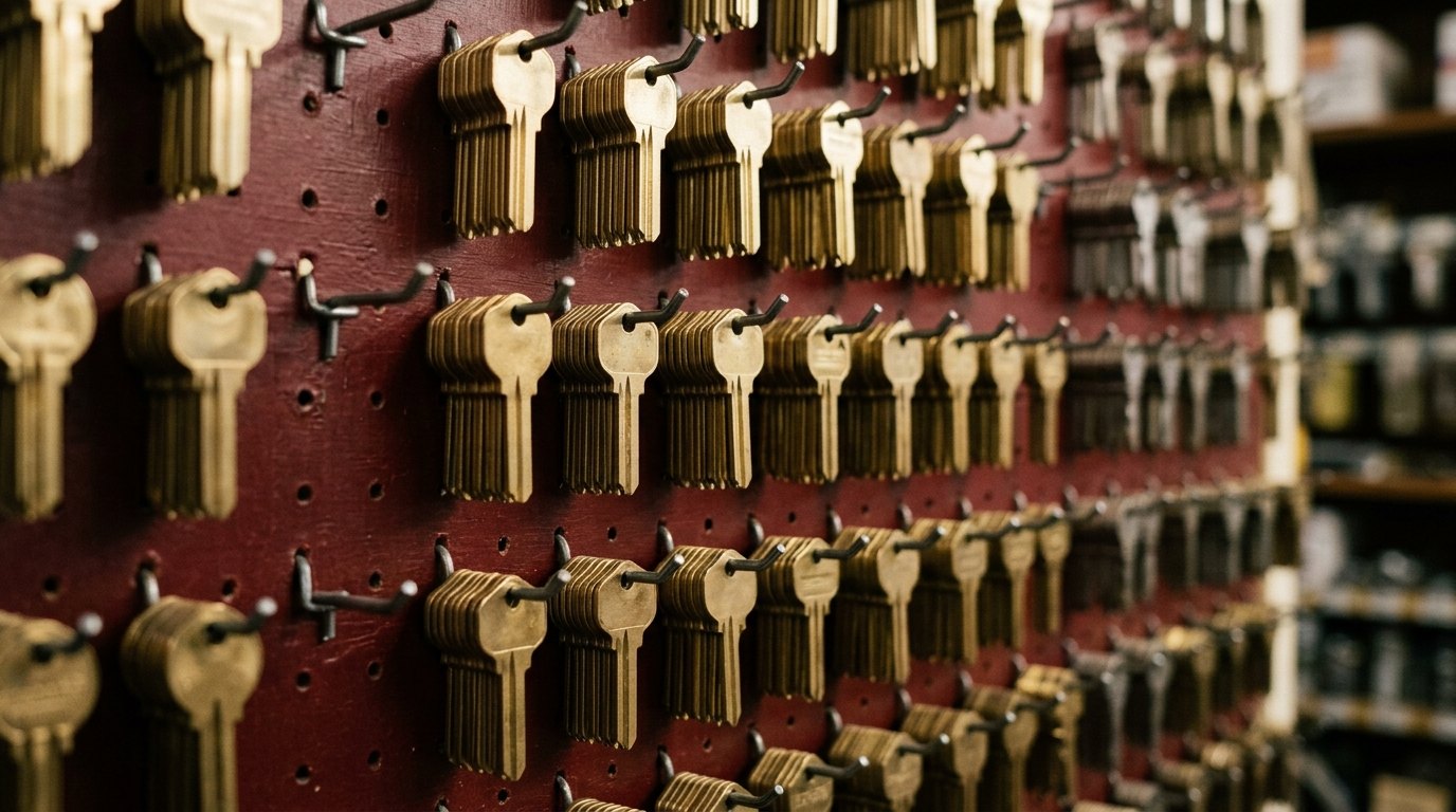 Rows of brass key blanks hanging on a hardware shop key board